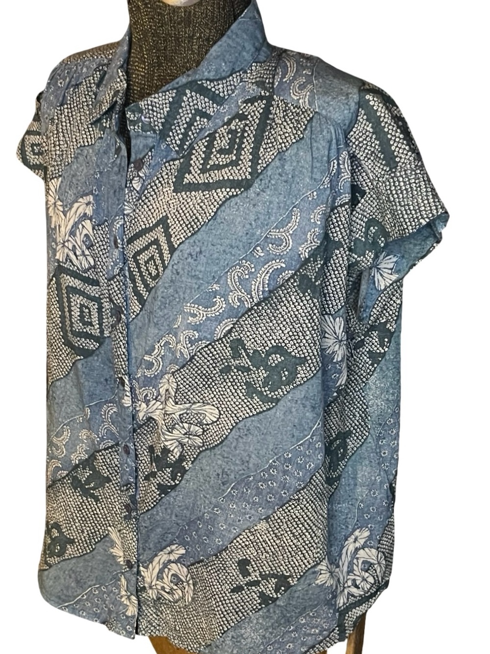 Maison Hotel Ayako Shirt Shikoku Indigo Blue Floral Cotton Voile Blouse Size S - Picture 7 of 14